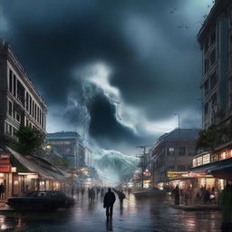 The digital art image now portrays the same city under the threat of a massive tsunami