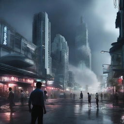 The digital art image now portrays the same city under the threat of a massive tsunami