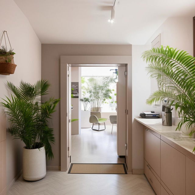 A cozy small clinic with a welcoming entrance, modern equipment, and a soothing waiting area with plants