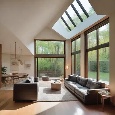 The architect incorporated large windows and skylights to maximize natural light during twilight, creating a unique ambiance in the house.