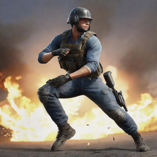 Generate an image of a PUBG Mobile hero character in action pose, with the words 'WÇ益ÐUNÇÂN웃' emblazoned at the bottom