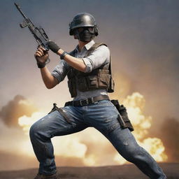 Generate an image of a PUBG Mobile hero character in action pose, with the words 'WÇ益ÐUNÇÂN웃' emblazoned at the bottom