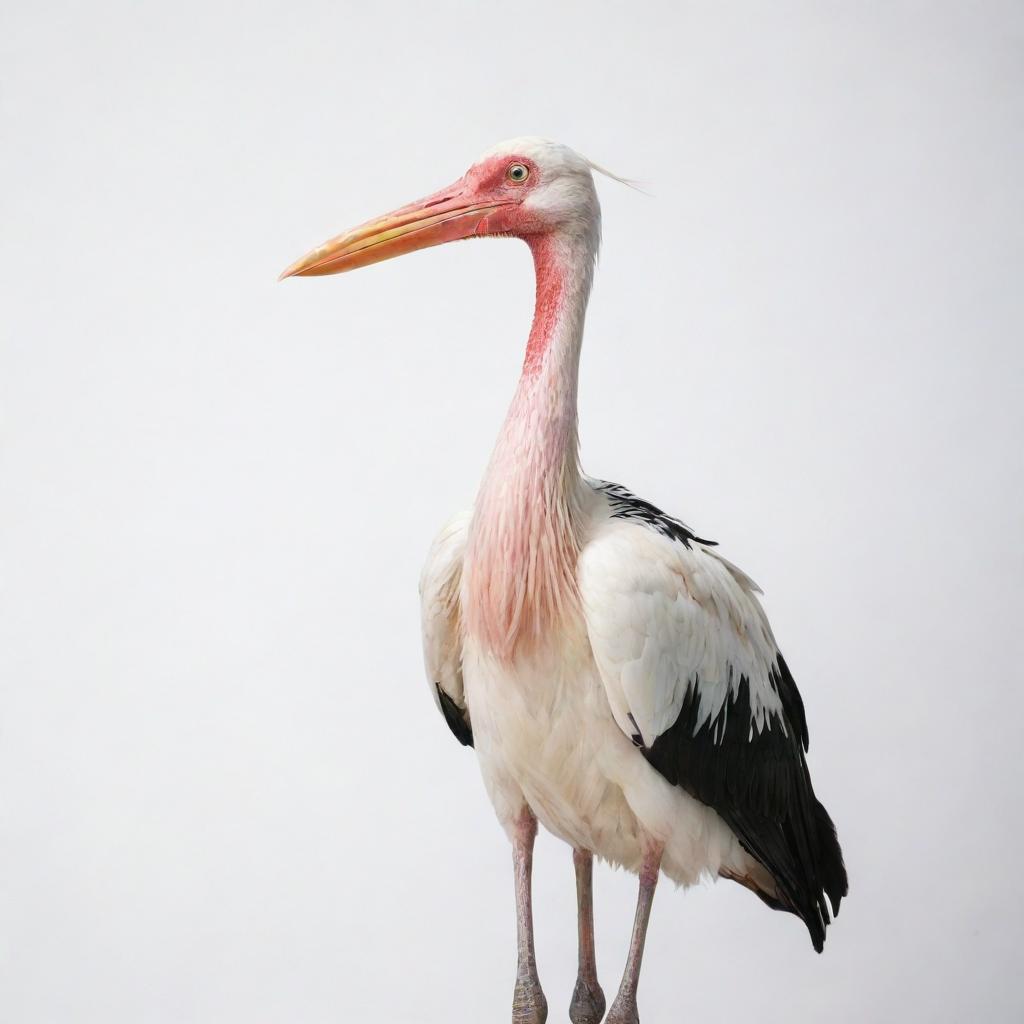 A colorful stork with spots on its body against a white background