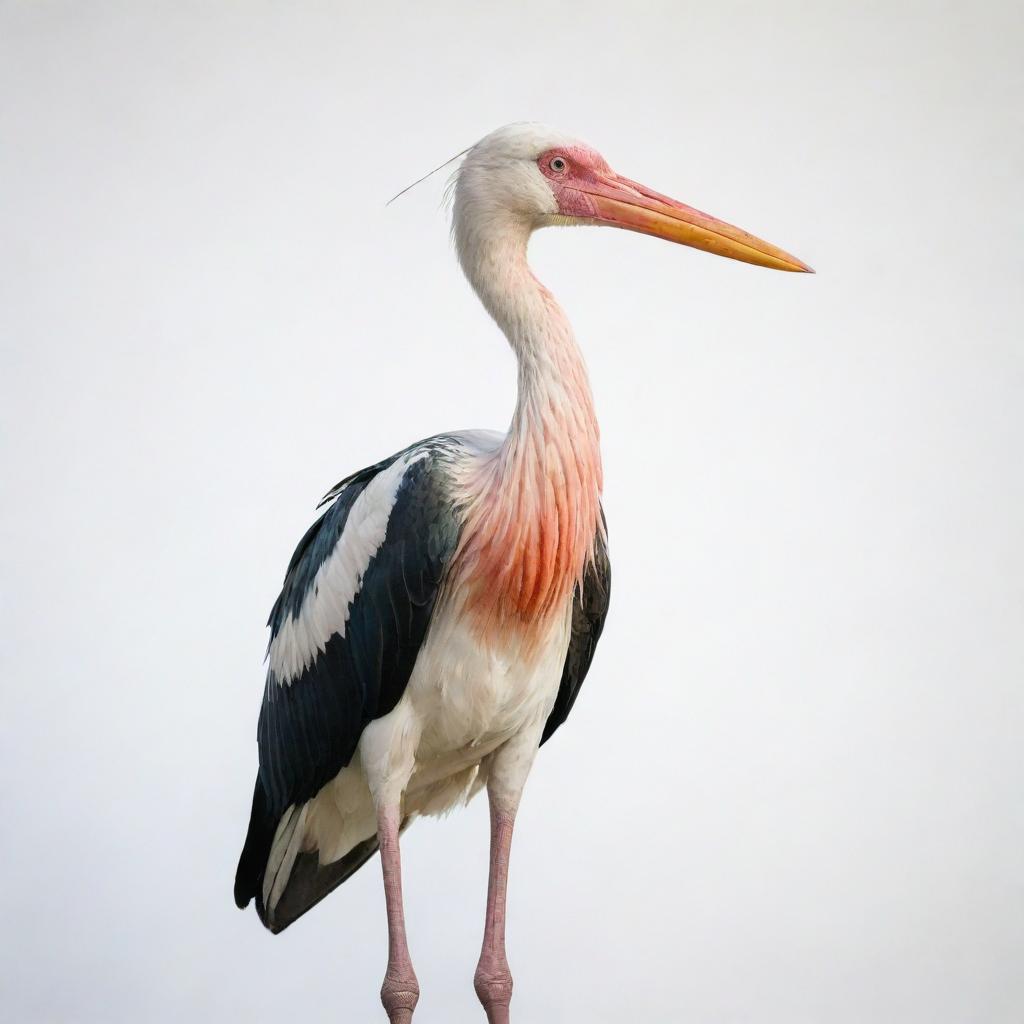 A colorful stork with spots on its body against a white background