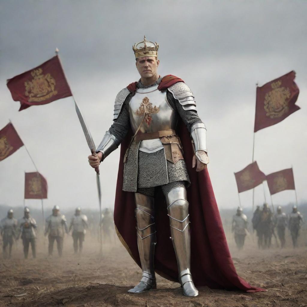 A triumphant king adorned in royal armor, standing victorious on a battlefield strewn with banners and weapons.