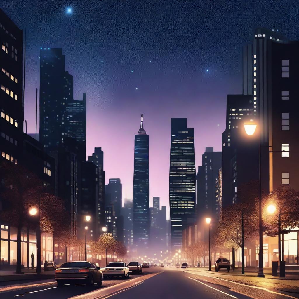 A high-quality digital art image depicting a cityscape at night