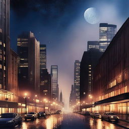 A high-quality digital art image depicting a cityscape at night