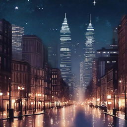 A high-quality digital art image depicting a cityscape at night