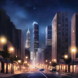 A high-quality digital art image depicting a cityscape at night