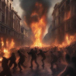 A high-quality digital art image depicting a scene of pandemonium