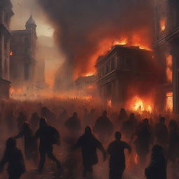 A high-quality digital art image depicting a scene of pandemonium