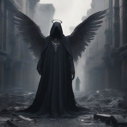 A high-quality digital art image illustrating the angel of death in a cloak, signifying the end of life