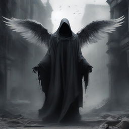 A high-quality digital art image illustrating the angel of death in a cloak, signifying the end of life