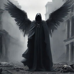 A high-quality digital art image illustrating the angel of death in a cloak, signifying the end of life