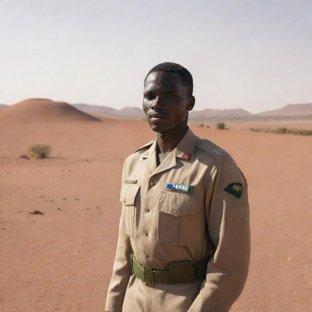 A Sudanese soldier standing in full uniform, under the sun with a striking desert landscape in the background.