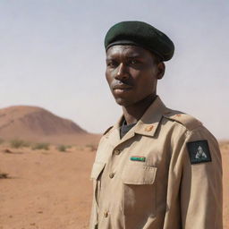 A Sudanese soldier standing in full uniform, under the sun with a striking desert landscape in the background.