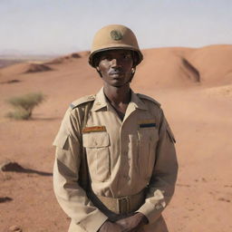 A Sudanese soldier standing in full uniform, under the sun with a striking desert landscape in the background.