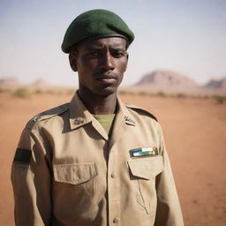 A Sudanese soldier standing in full uniform, under the sun with a striking desert landscape in the background.