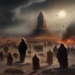 This is a high-quality digital art image that depicts the resurrection of humanity in the expansive field of Mahsyar, following the destruction of the universe