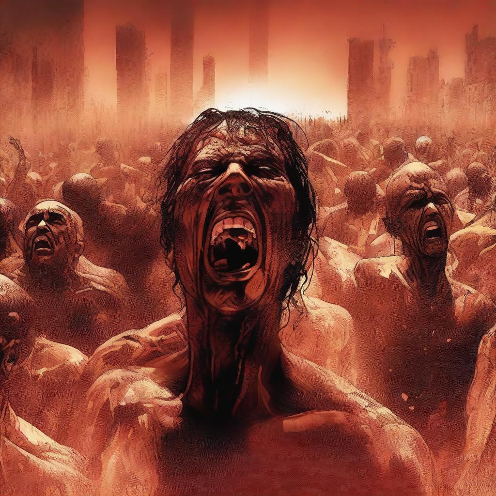 A high-quality digital art image presenting a distressing scene where every human is in agony due to intense heat