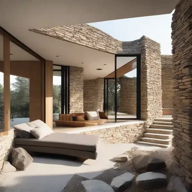 The architect designed a modern house incorporating rugged elements such as stone walls and uneven terrains.