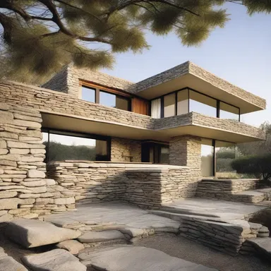 The architect designed a modern house incorporating rugged elements such as stone walls and uneven terrains.