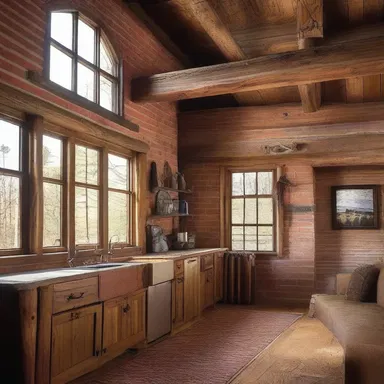 The exposed brick walls and rugged wooden beams created a rustic and cozy atmosphere in the cabin.