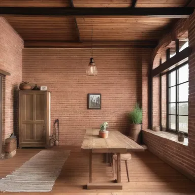 The exposed brick walls and rugged wooden beams created a rustic and cozy atmosphere in the cabin.