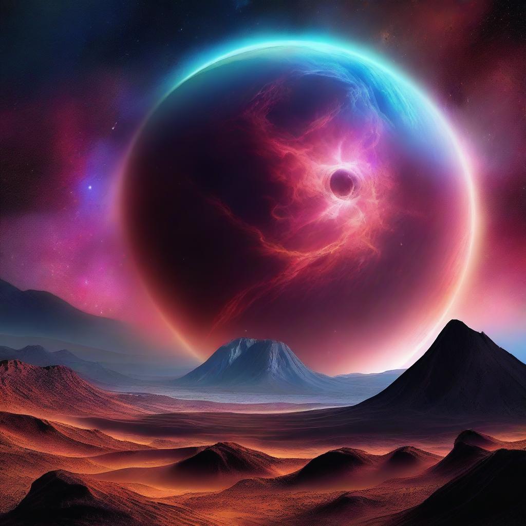 A captivating digital art piece showing a bright nebula hovering over a desolate, dead planet