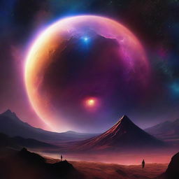 A captivating digital art piece showing a bright nebula hovering over a desolate, dead planet