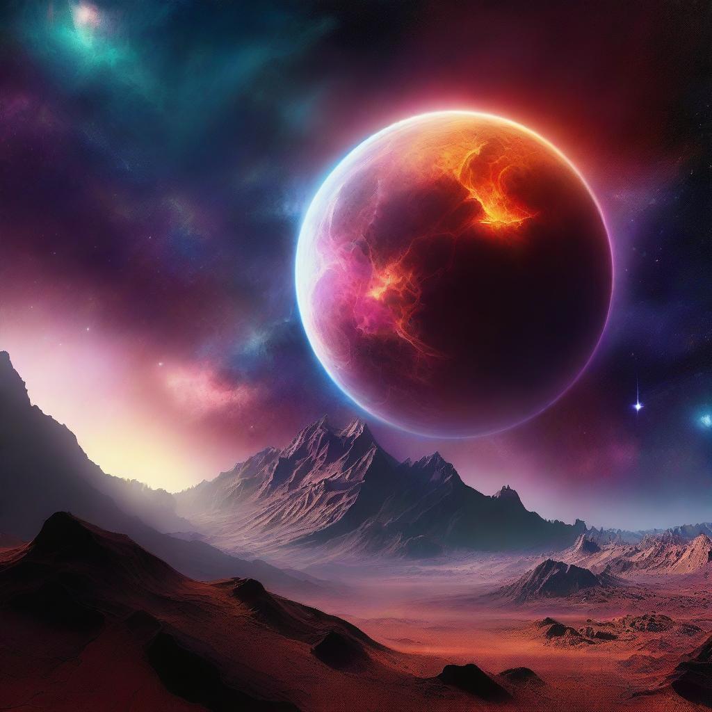 A captivating digital art piece showing a bright nebula hovering over a desolate, dead planet