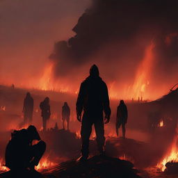 A digital art image illustrating the harrowing scene of individuals in distress, situated in a fiery, hellish landscape