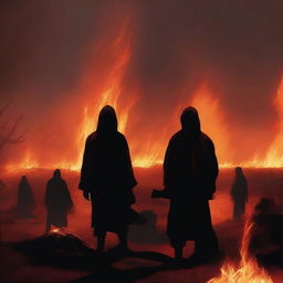 A digital art image illustrating the harrowing scene of individuals in distress, situated in a fiery, hellish landscape