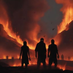 A digital art image illustrating the harrowing scene of individuals in distress, situated in a fiery, hellish landscape