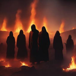 A digital art image illustrating the harrowing scene of individuals in distress, situated in a fiery, hellish landscape