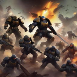 A dynamic digital art piece that captures a squad of soldiers from Helldivers 2 in a heated battle against Tyranids from Warhammer 40k