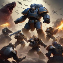 A dynamic digital art piece that captures a squad of soldiers from Helldivers 2 in a heated battle against Tyranids from Warhammer 40k