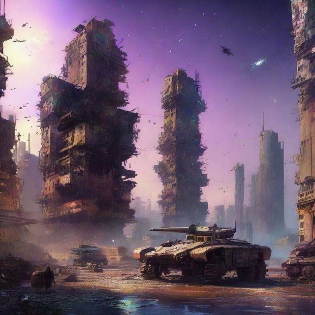 A striking digital art of a decaying sci-fi cityscape surrounded by destroyed war vehicles