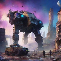 A striking digital art of a decaying sci-fi cityscape surrounded by destroyed war vehicles