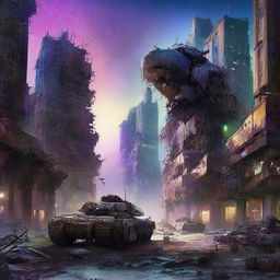 A striking digital art of a decaying sci-fi cityscape surrounded by destroyed war vehicles