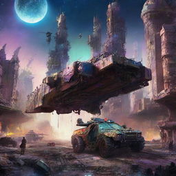 A striking digital art of a decaying sci-fi cityscape surrounded by destroyed war vehicles