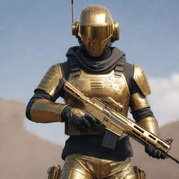 A PUBG Mobile inspired character dressed in gleaming golden armor etched with the name 'DUNCAN', sporting a matching golden helmet, and gripping a meticulously detailed golden M416 gun.