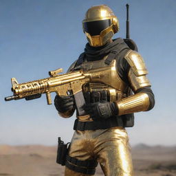 A PUBG Mobile inspired character dressed in gleaming golden armor etched with the name 'DUNCAN', sporting a matching golden helmet, and gripping a meticulously detailed golden M416 gun.