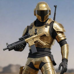 A PUBG Mobile inspired character dressed in gleaming golden armor etched with the name 'DUNCAN', sporting a matching golden helmet, and gripping a meticulously detailed golden M416 gun.