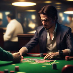 A digital art image depicts a person engrossed in a gambling game