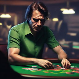 A digital art image depicts a person engrossed in a gambling game