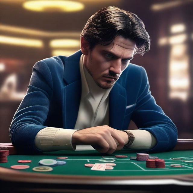 A digital art image depicts a person engrossed in a gambling game