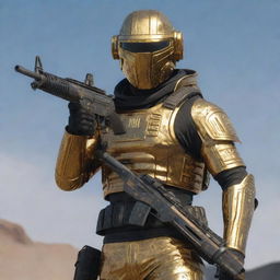 A PUBG Mobile inspired character dressed in gleaming golden armor etched with the name 'DUNCAN', sporting a matching golden helmet, and gripping a meticulously detailed golden M416 gun.