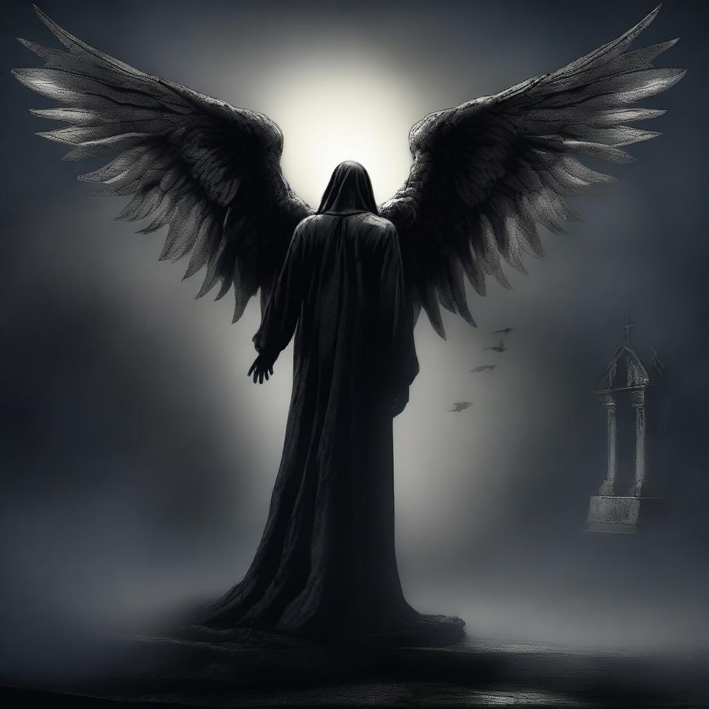 An evocative digital art image presents a night scene where a person meets their end at the hands of the Angel of Death