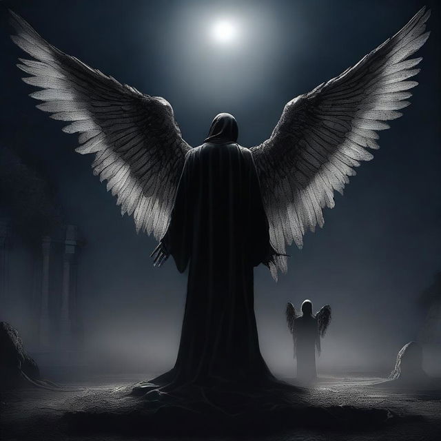 An evocative digital art image presents a night scene where a person meets their end at the hands of the Angel of Death